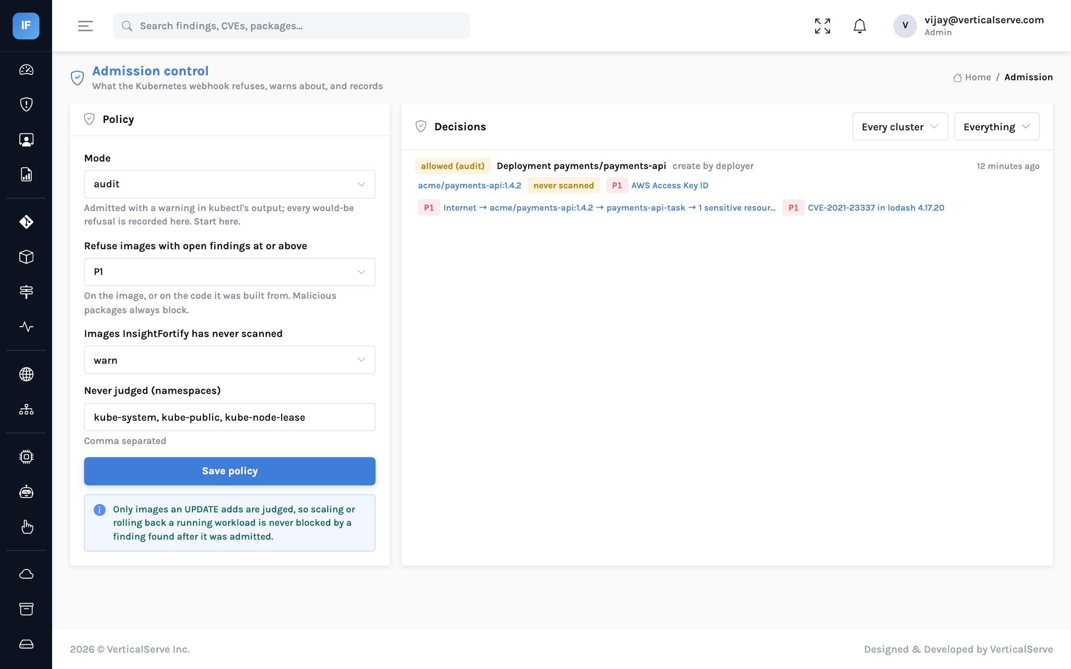 The admission control page in InsightFortify: the organization policy and the recent decisions, including an audit-mode would-refuse