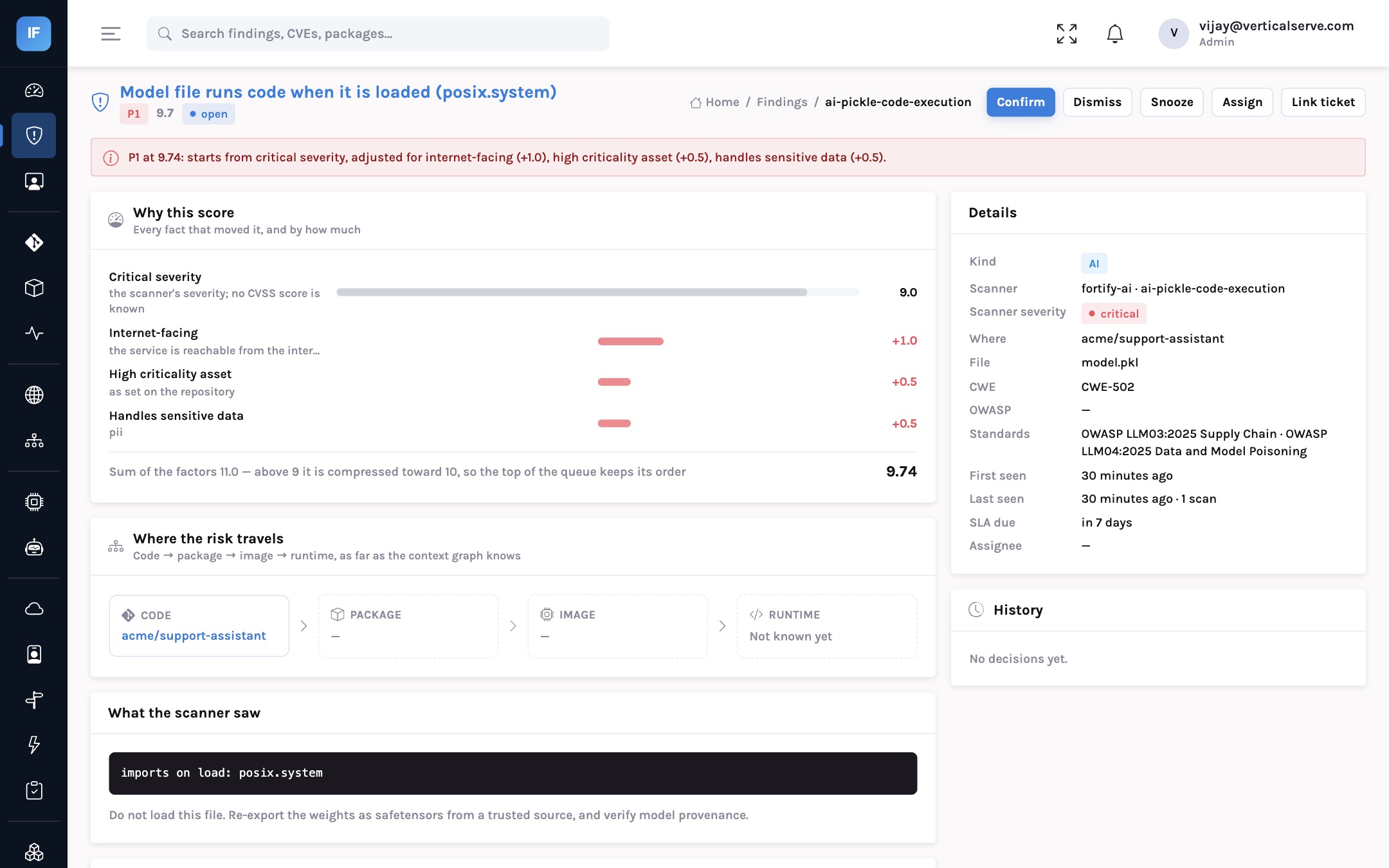 An AI finding mapped to OWASP LLM06 Excessive Agency, with the evidence and the fix