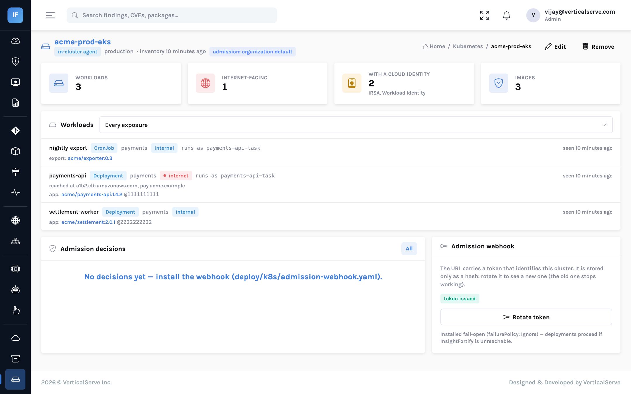 A Kubernetes cluster in InsightFortify: workloads with their exposure and cloud identity, and the admission webhook panel