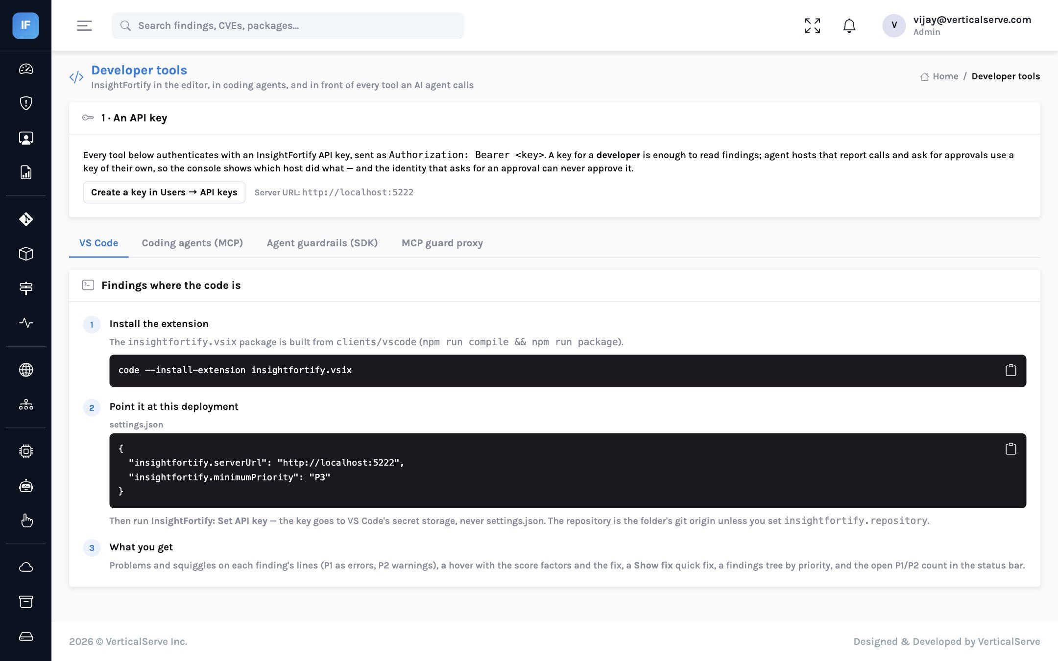 The Developer tools page: API key, VS Code extension setup, the MCP server for coding agents, guardrail SDKs and the MCP guard proxy, with snippets for this deployment