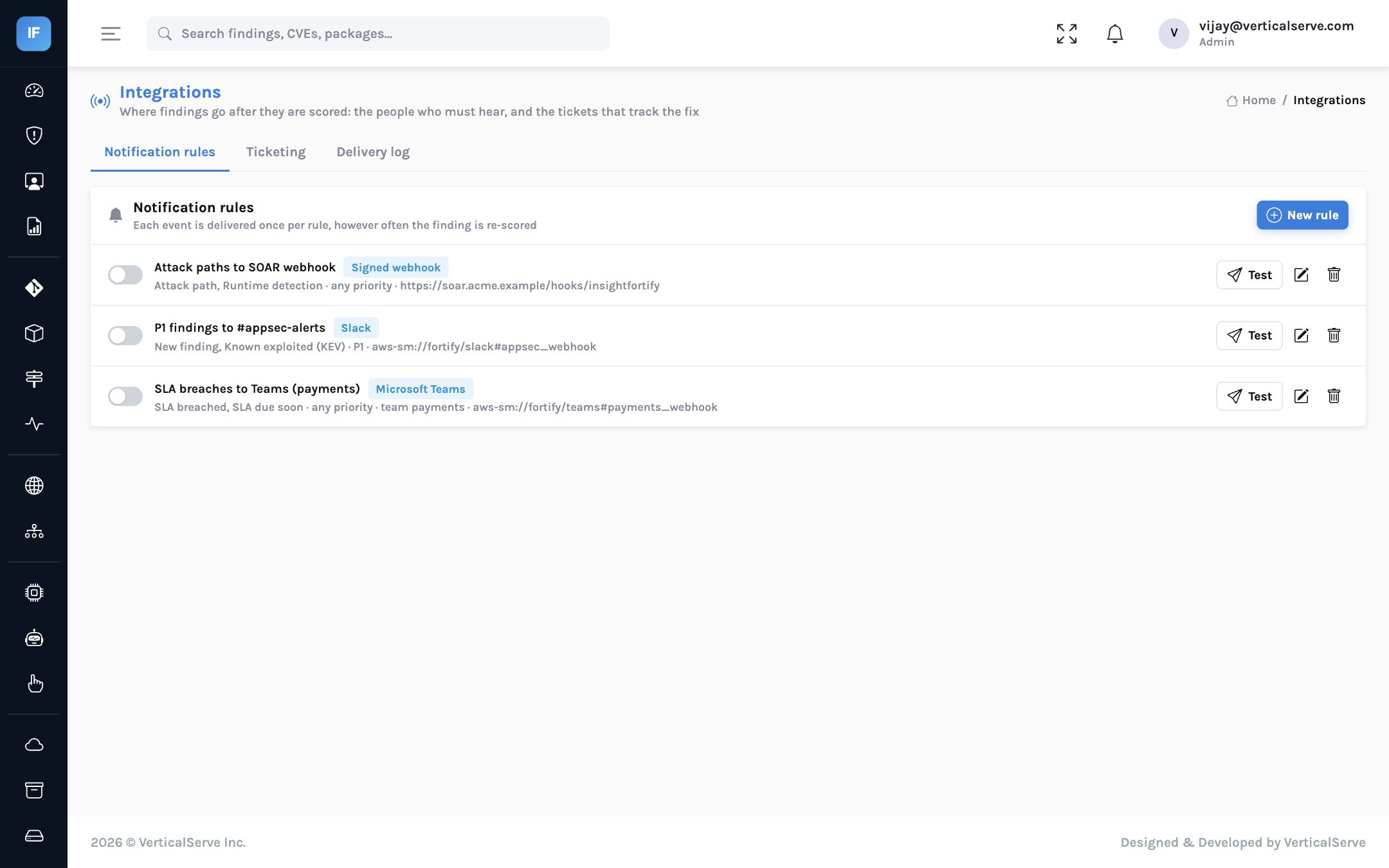 The Integrations page in InsightFortify: notification rules for attack paths, new P1s and SLA breaches