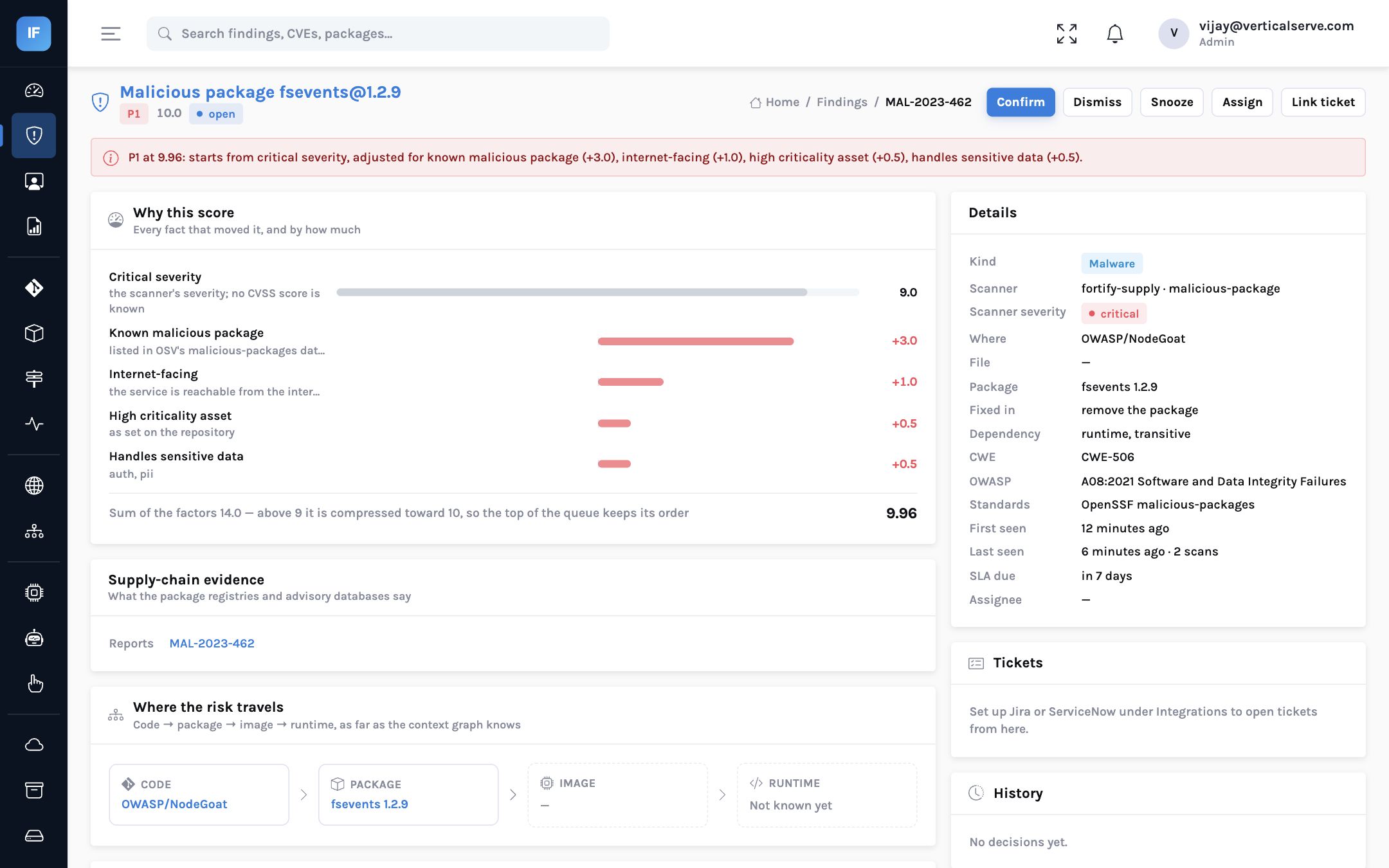The fsevents 1.2.9 malicious-package finding in InsightFortify, P1, with its score factors and the OSV report MAL-2023-462