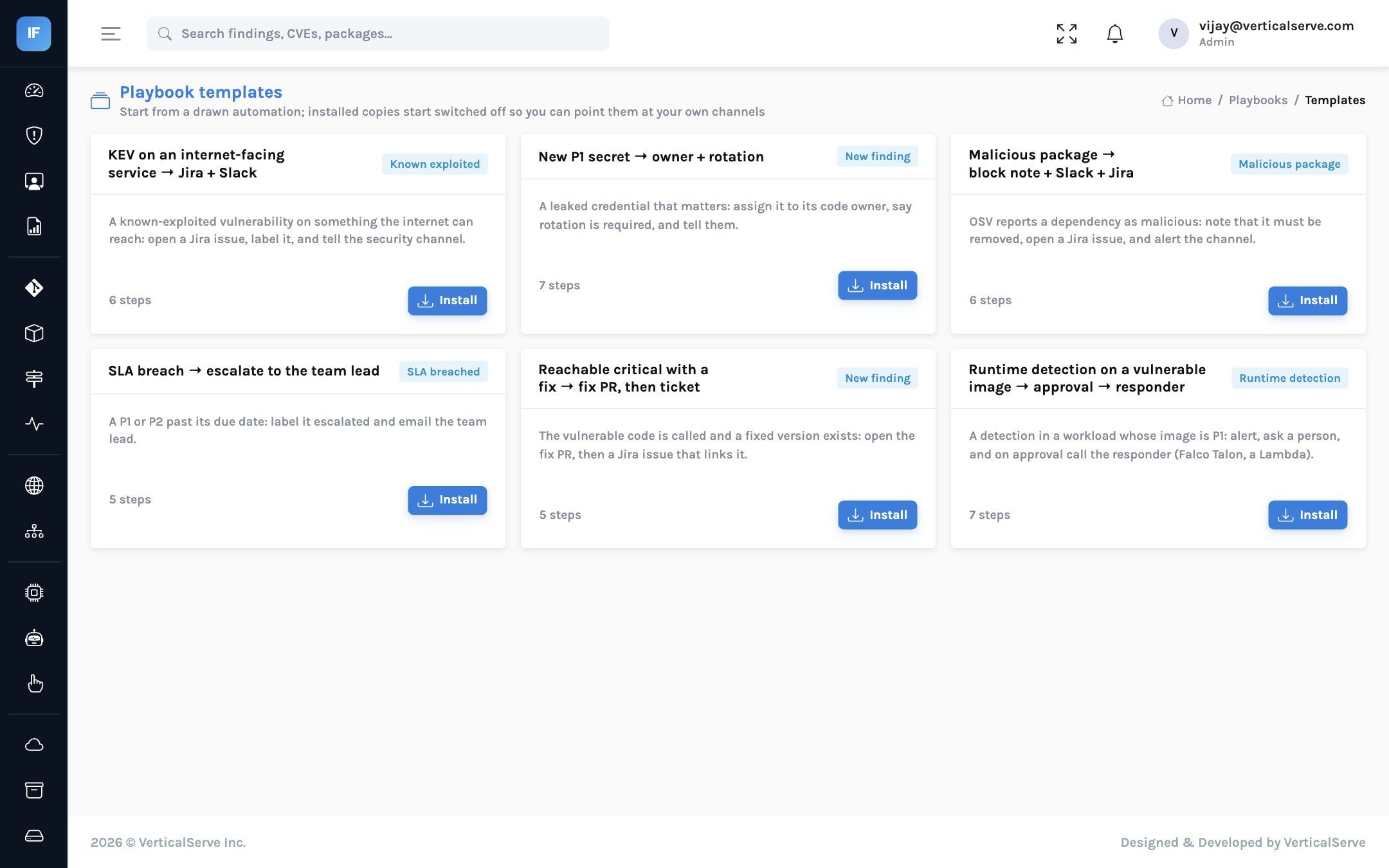 Six playbook templates: KEV on an internet-facing service, new P1 secret, malicious package, SLA breach escalation, reachable critical with a fix, runtime detection with approval