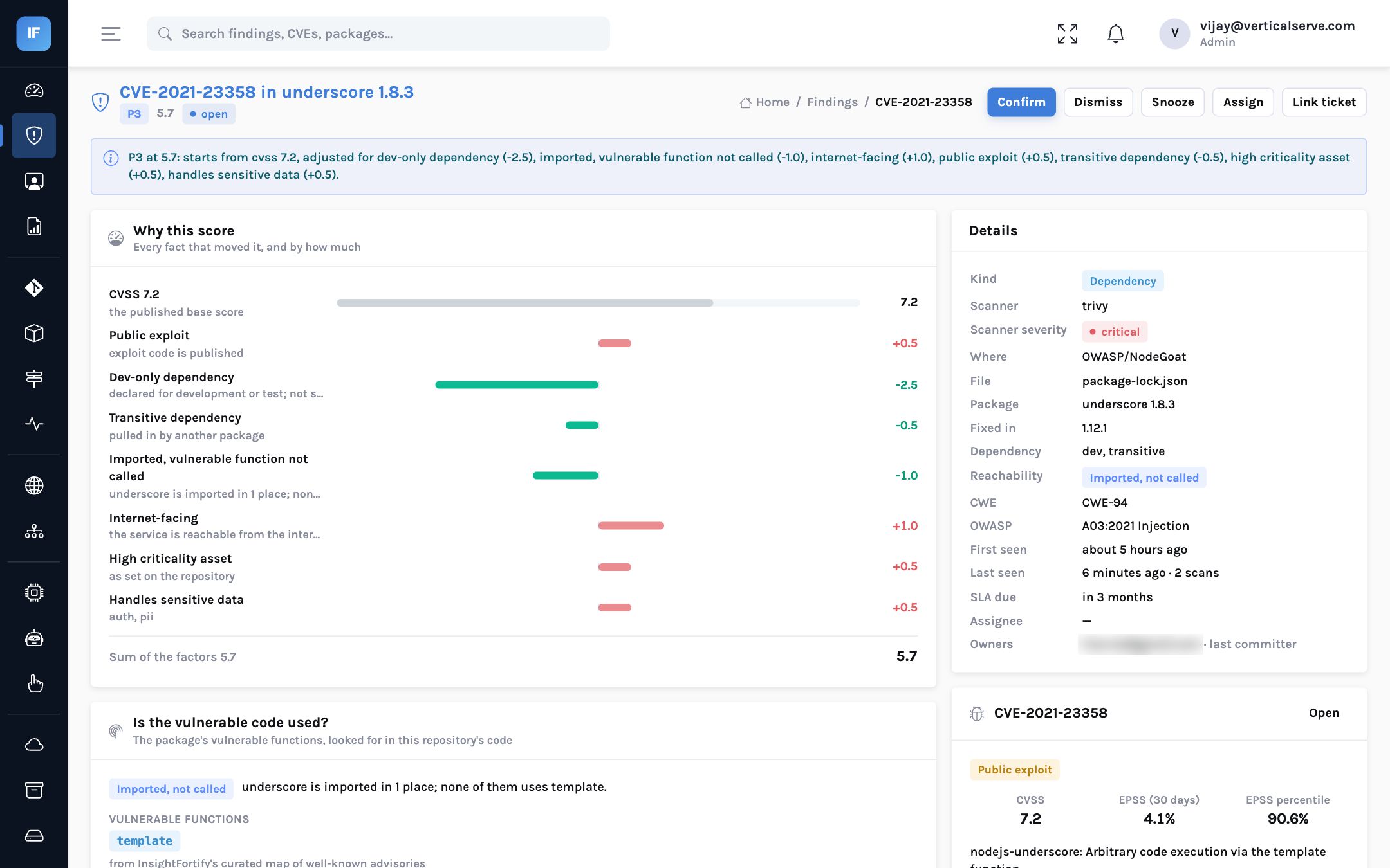A dependency finding in InsightFortify classified as imported but not called, with the factor in its score breakdown and the vulnerable-code panel