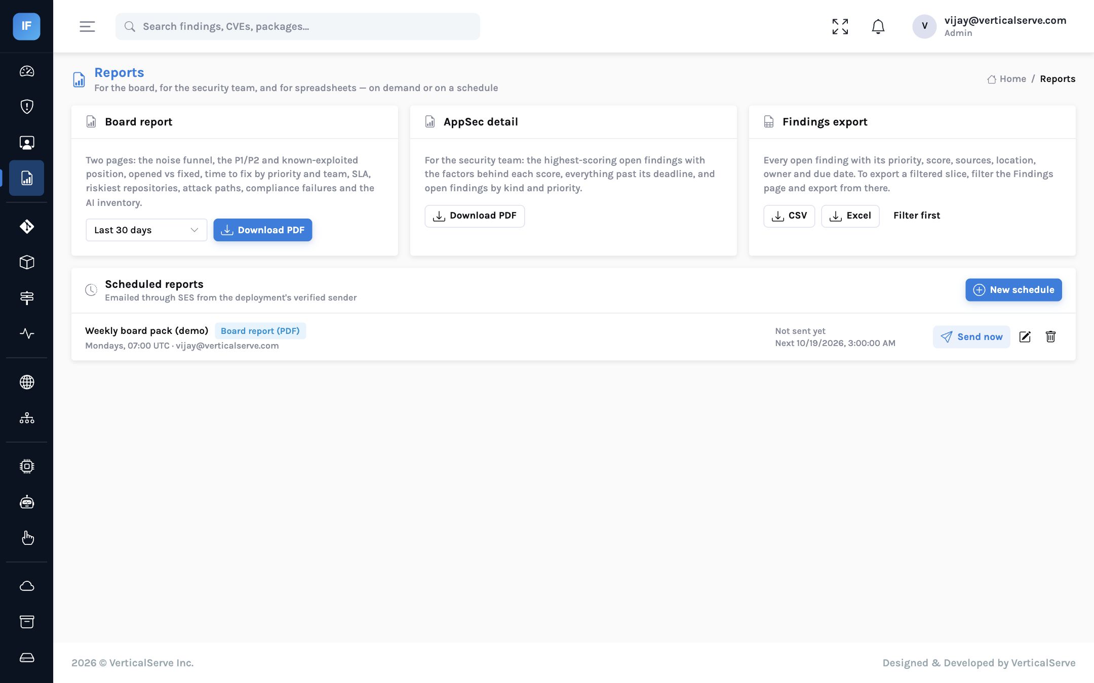 The Reports page: board report and AppSec detail PDFs, CSV and Excel exports, and a weekly scheduled board pack