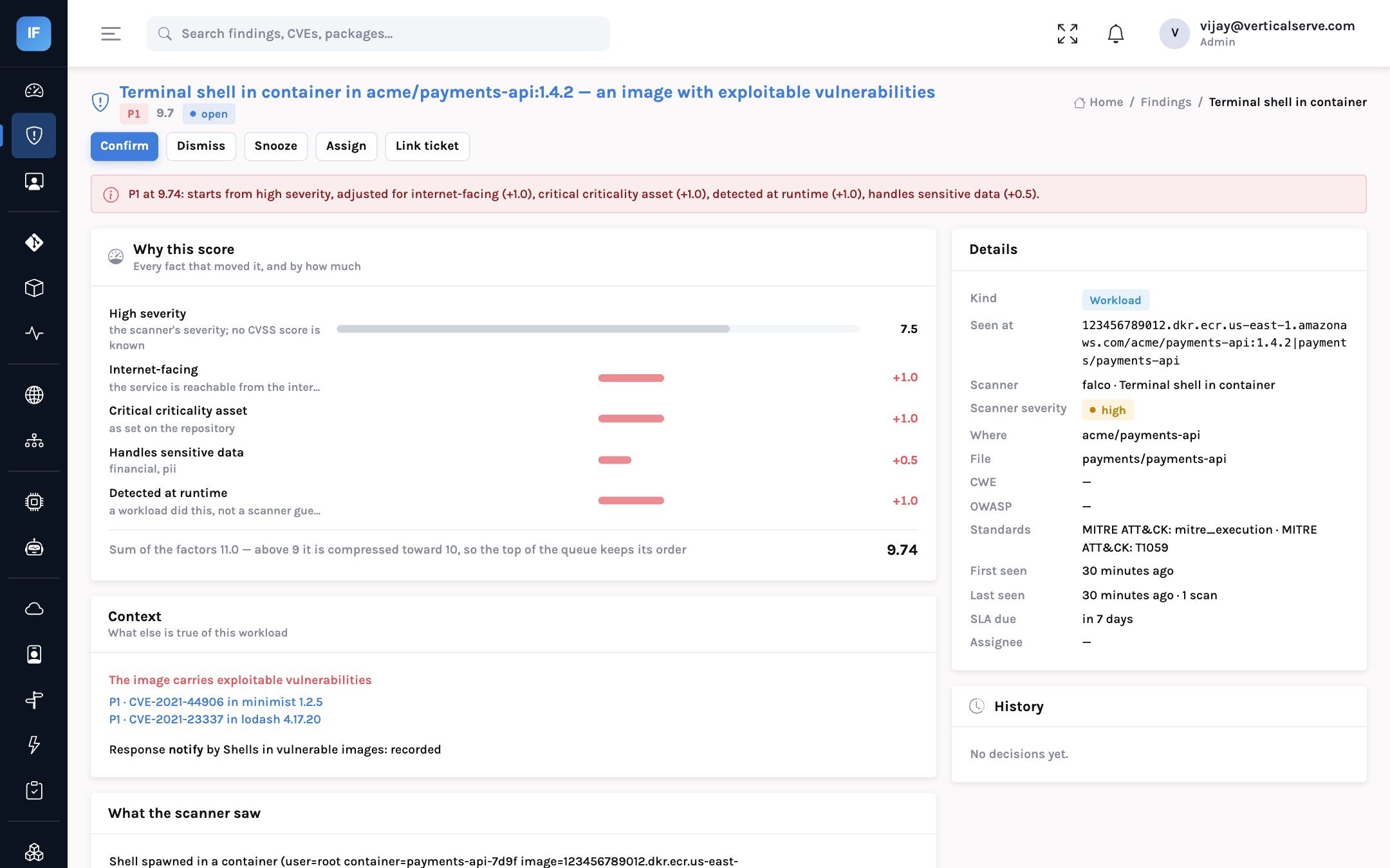 A runtime finding: terminal shell in a container in acme/payments-api 1.4.2, P1 at 9.74, with the score factors and the image's two P1 CVEs