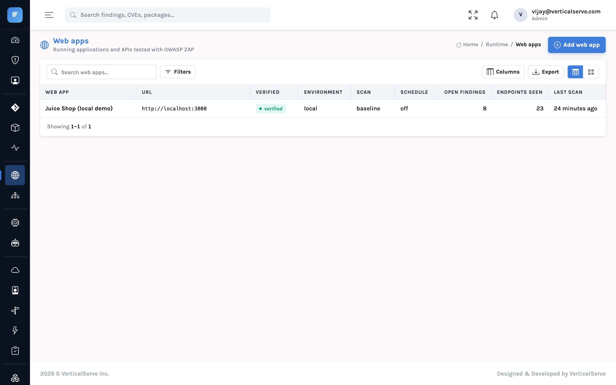 The web apps page listing Juice Shop (local demo) at localhost:3000, verified, environment local, baseline scan, 8 open findings and 23 endpoints seen